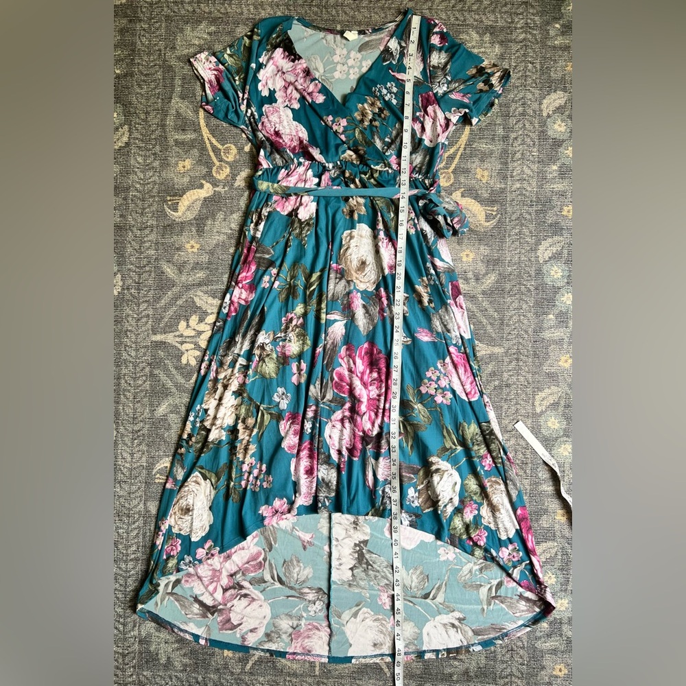 Teal Floral Wrap Midi Dress with Belt - Picture 6 of 6